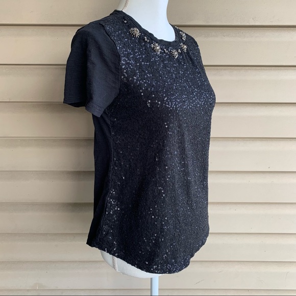 •LOFT• Black Sequin Rhinestone Short Sleeve Top - Size Small - Picture 5 of 8